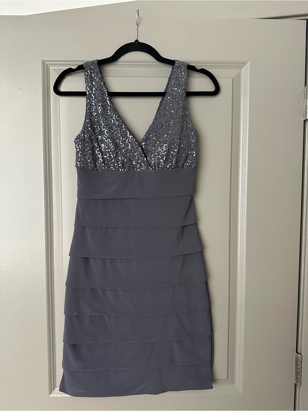 B Darlin Gray Sequin V-Neck Tiered Mini Dress